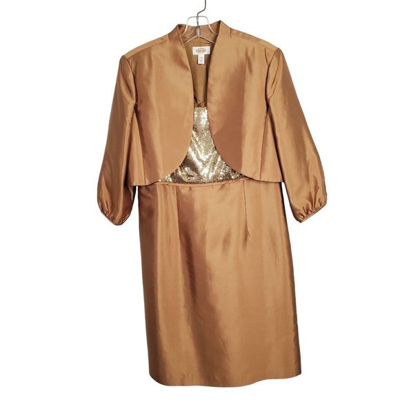 Talbots Size 16 Dress Bolero Jacket Set Gold Sequins Silk Cotton Formal Party - Picture 2 of 13